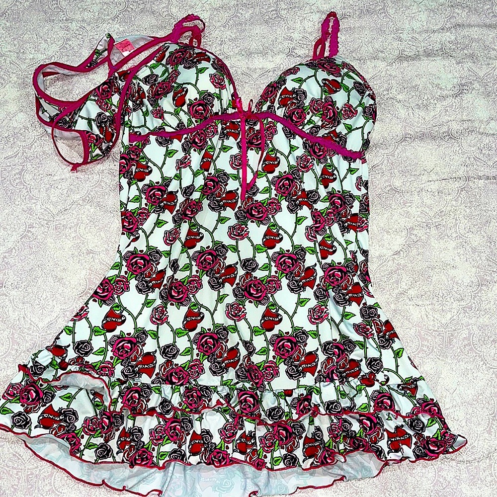 2pc sz XL babydoll nighty love hearts slip lingerie sexy lined Cups stretchy pj